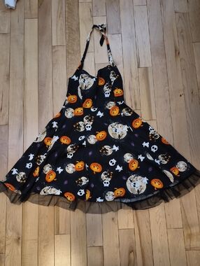 Oten Womens' Black Pumpkin & Ghost Halter Dress